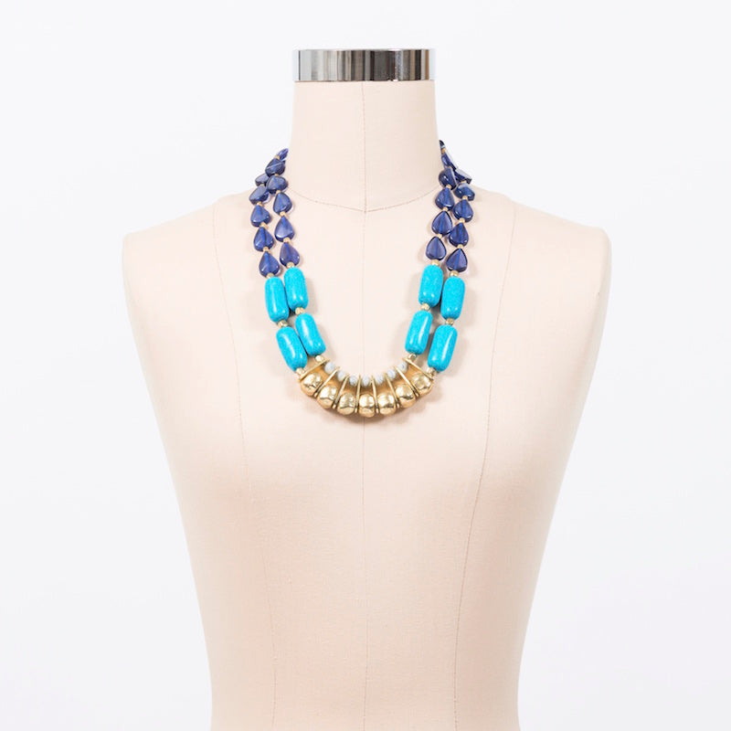 Blue Statement Bead Necklace gold plated